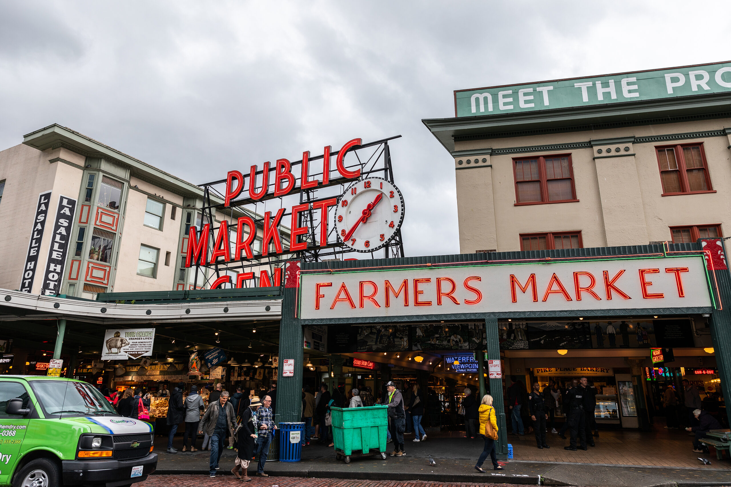 Seattle, Washington, USA - October 9, 2019: In front of public market center of Pike Place market in Seattle, popular place for tourist in Seattle.